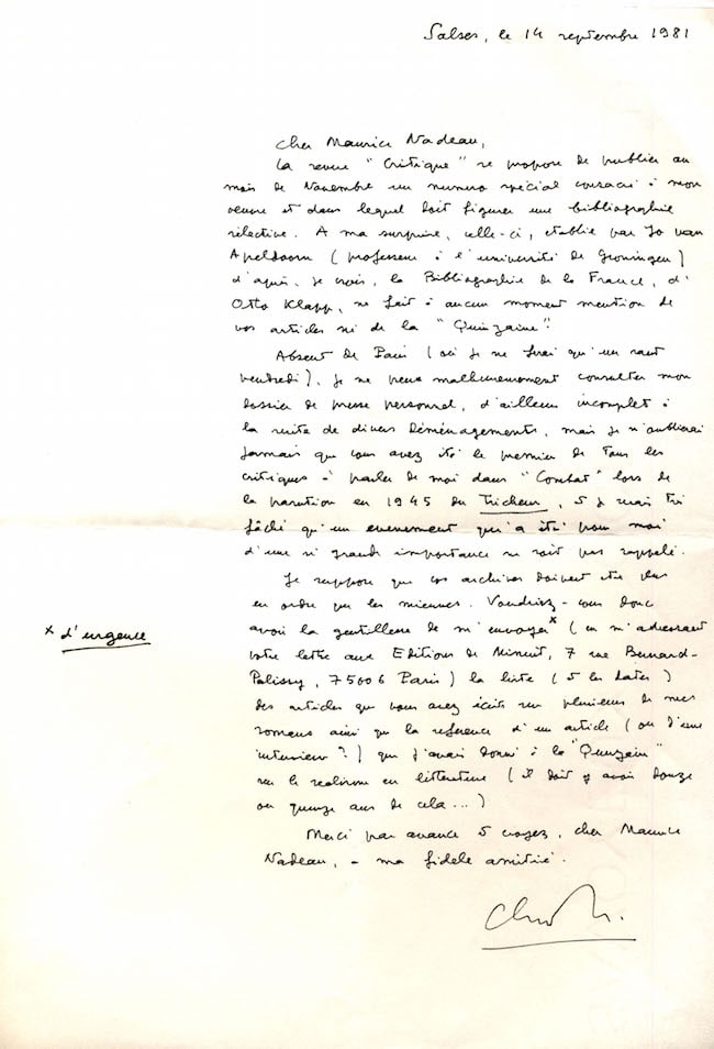 Lettre de Claude Simon à Maurice Nadeau, 14 septembre 1981.