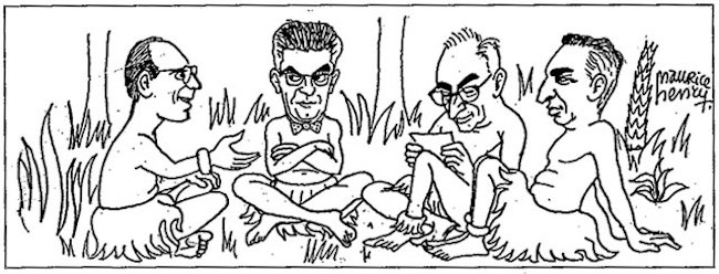 Michel Foucault, Jacques Lacan, Claude Levi-Strauss et Roland Barthes à Cuba. Caricature de Maurice Henry, p. 250