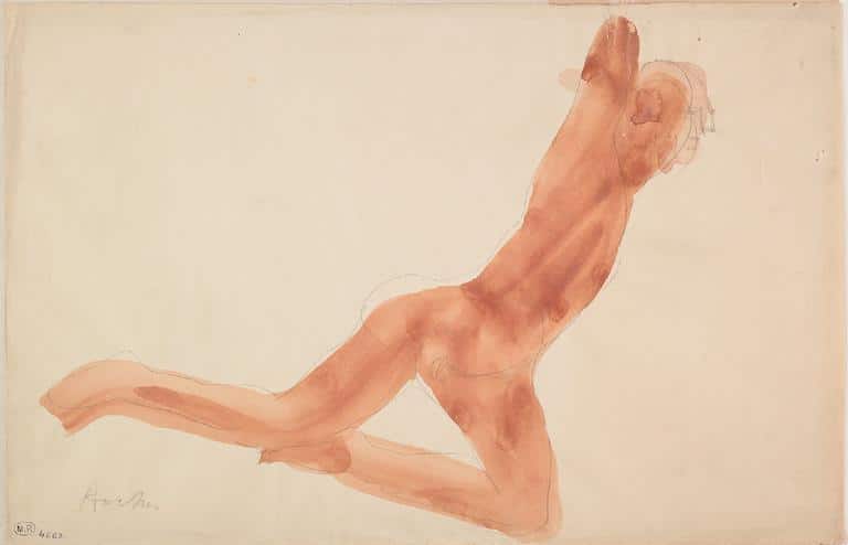 Rocher, femme nue, un genou en terre et tendue vers la droite par Auguste Rodin. © Musée Rodin