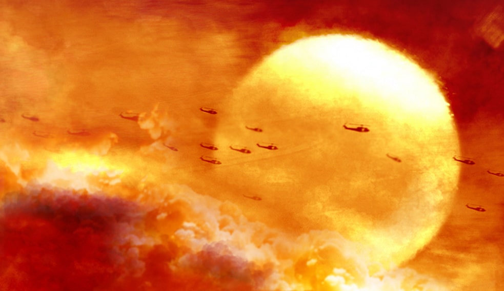 escadrille d'hélicoptères au soleil couchant