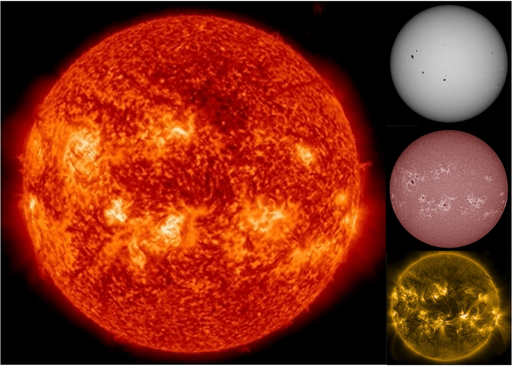 Quatre images du Soleil à différentes fréquences lumineuses pour le dossier soleil par Allan Sacha Brun