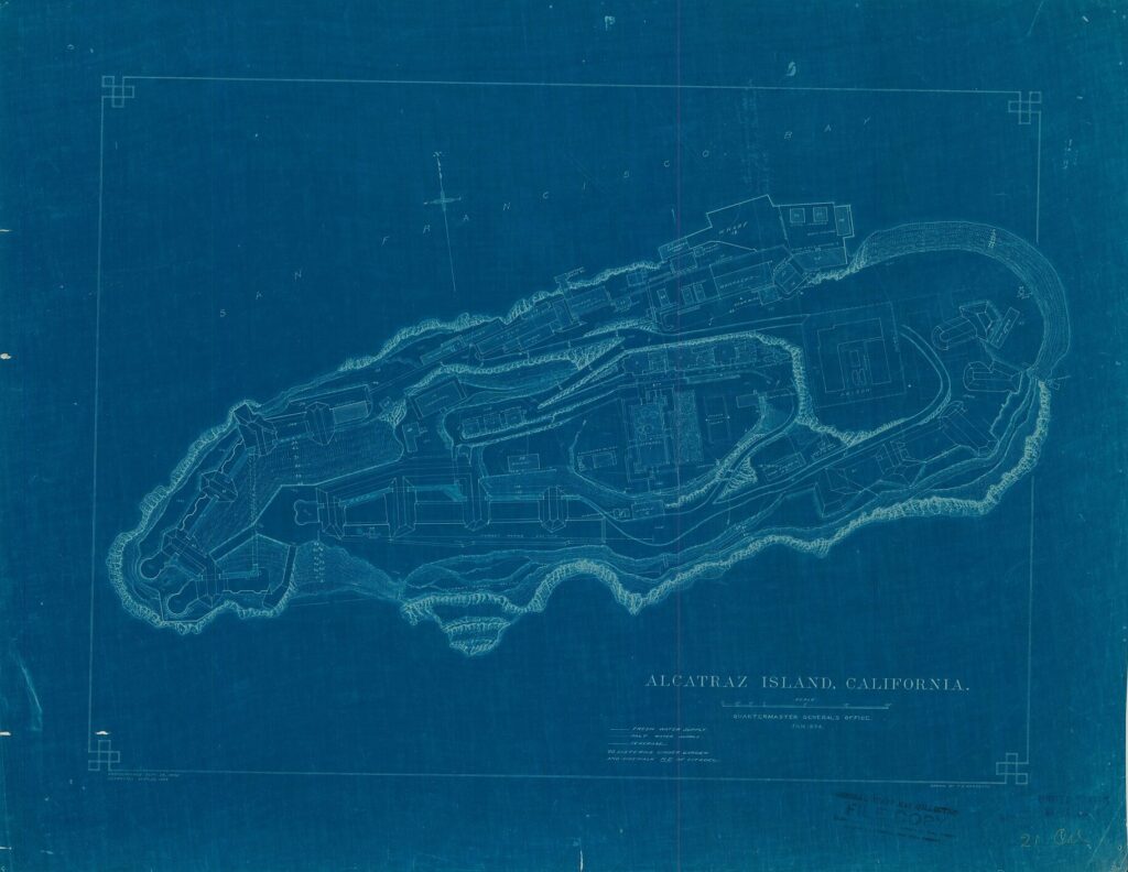 Plan de l'île d'Alcatraz (Californie, 1895) © CC0/U.S. National Archives and Records Administration/WikiCommons