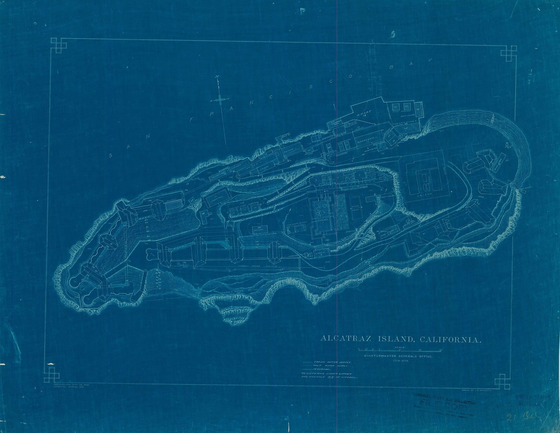 Plan de l'île d'Alcatraz (Californie, 1895) © CC0/U.S. National Archives and Records Administration/WikiCommons